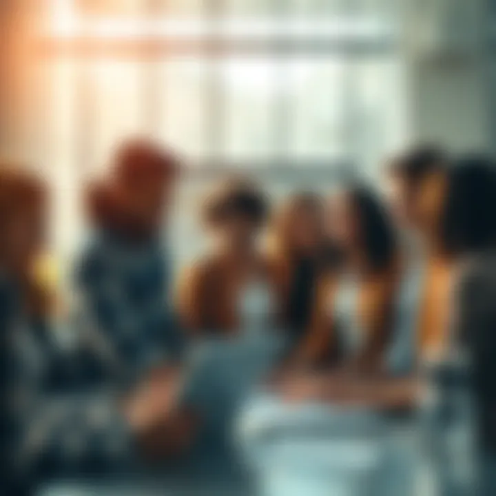 A diverse group of people discussing ideas in a bright, open space with modern technology and charts in the background.