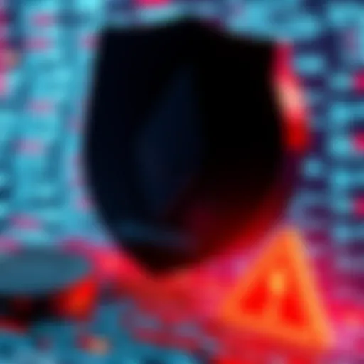 A visual representation of a 51% attack on Monero, showing code and a warning symbol, symbolizing threats to security and value.