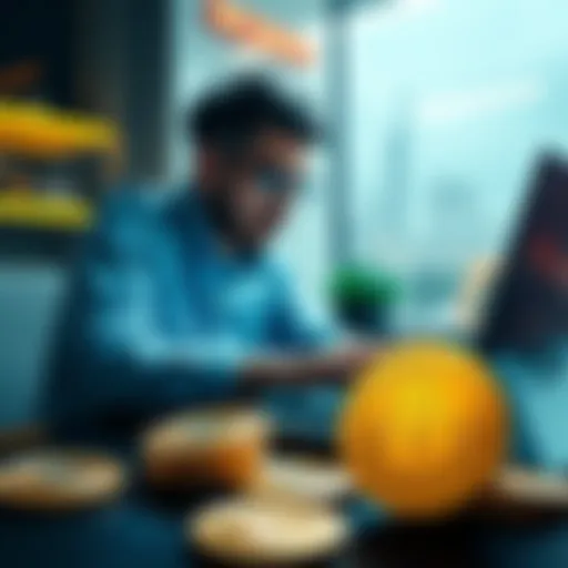 A person exploring Monero cryptocurrency on a laptop with bitcoin coins in the foreground