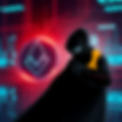 An illustration showing a digital representation of Monero and Dogecoin logos with a shadowy figure indicating a security threat, symbolizing the attack on Dogecoin's network.