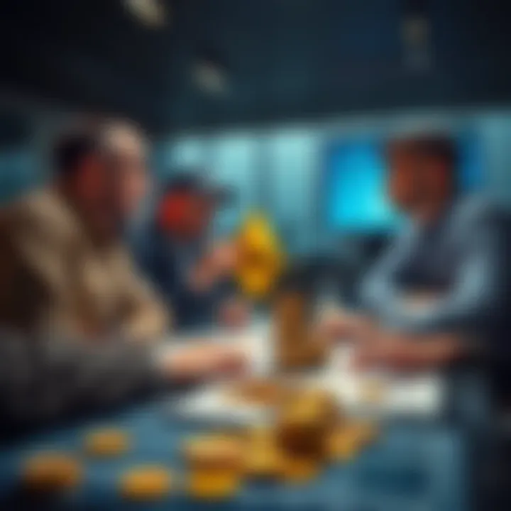 A group of people engaging in conversation about Monero and Goldback currencies, with charts and coins on a table, highlighting the connection between traditional and digital finance.