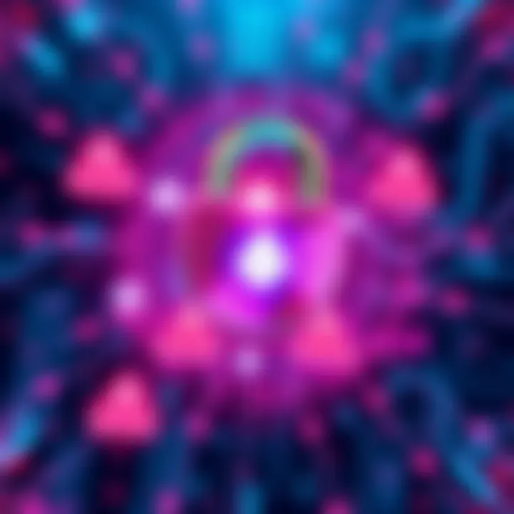 Illustration of a digital lock representing Monero wallets, showing a threat of a 51% attack with warning symbols around it.