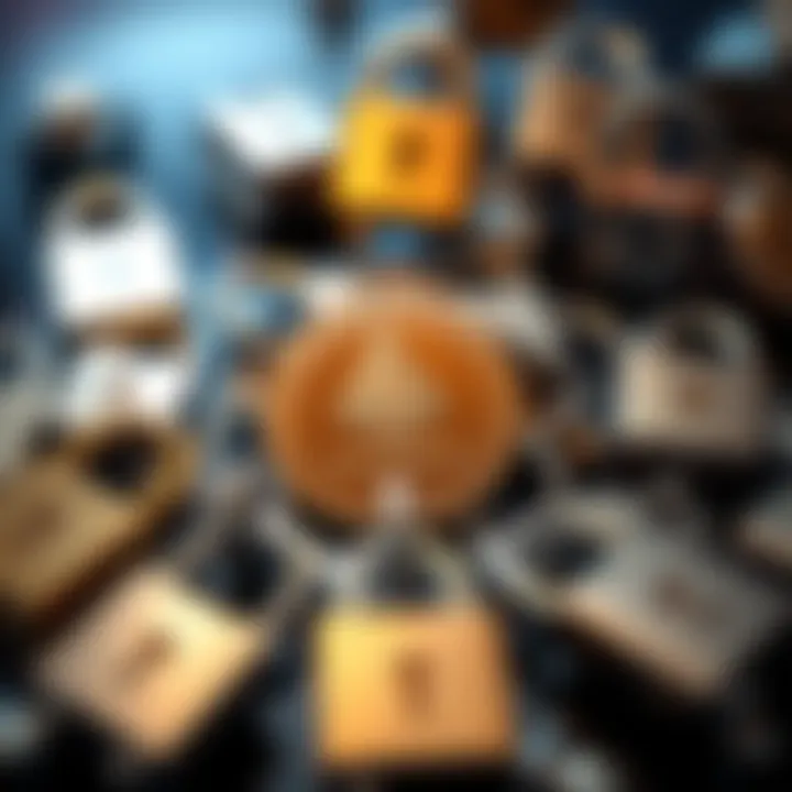 A Monero cryptocurrency coin placed in the center surrounded by various security locks, symbolizing privacy and compliance issues in transactions.