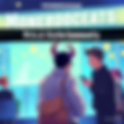 Illustration showing Moneroocean's impact on the crypto community with people engaging in discussions about blockchain innovations.