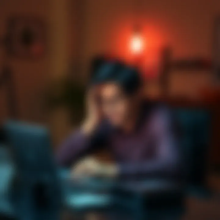 A concerned individual sits at a desk, worried, while using a laptop to transfer funds from Revolut to a traditional bank.