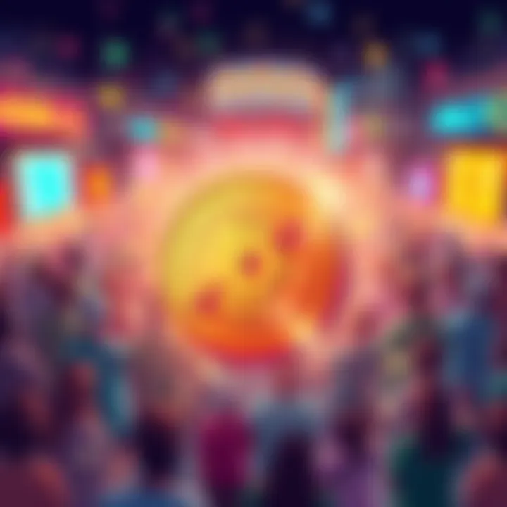 Illustration of a digital currency token with a vibrant community background, representing the benefits of holding $GLITCH tokens.