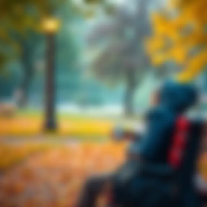 A person sitting calmly on a park bench, reflecting on their emotions while holding a cup of coffee.