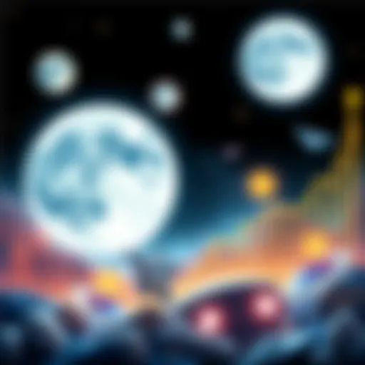 Visual representation of moons representing a cryptocurrency, with symbols of popular meme coins in the background and rising graphs to indicate growth.
