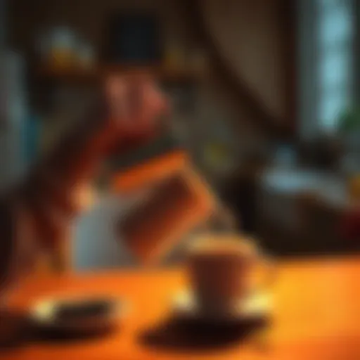 A person pours coffee into a mug while sitting at a kitchen table, ready to start their day.