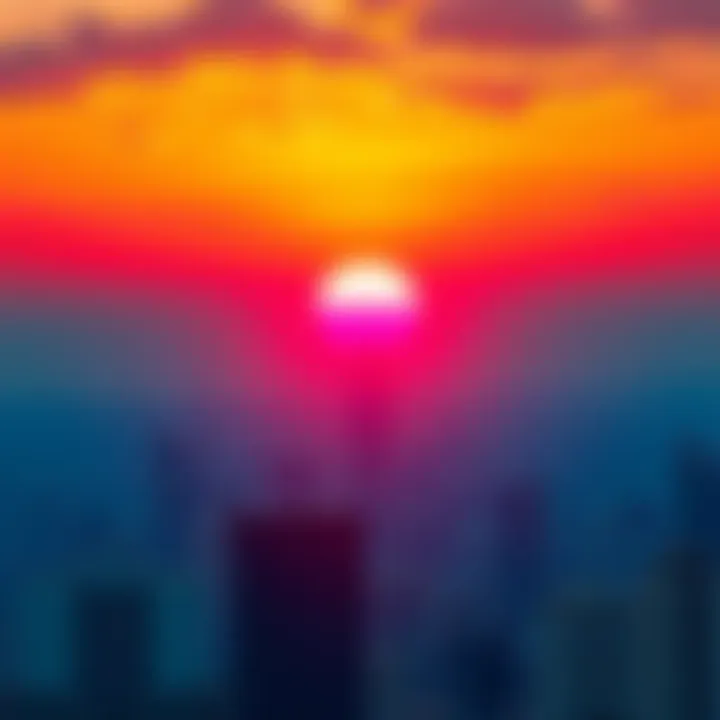 A vibrant sunrise over a city skyline, symbolizing a fresh start to the day with energy and positivity.