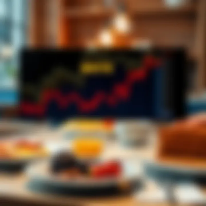 A stock chart showing MSTR's rise to $370, with trending indicators and a breakfast scene in the background.