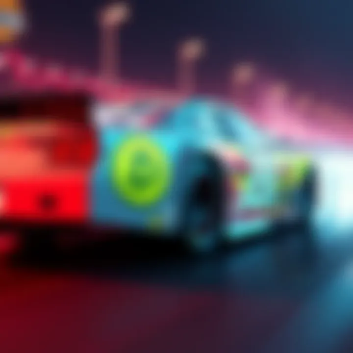A NASCAR race car featuring the Dogecoin logo, showcasing the unique sponsorship between cryptocurrency and racing.