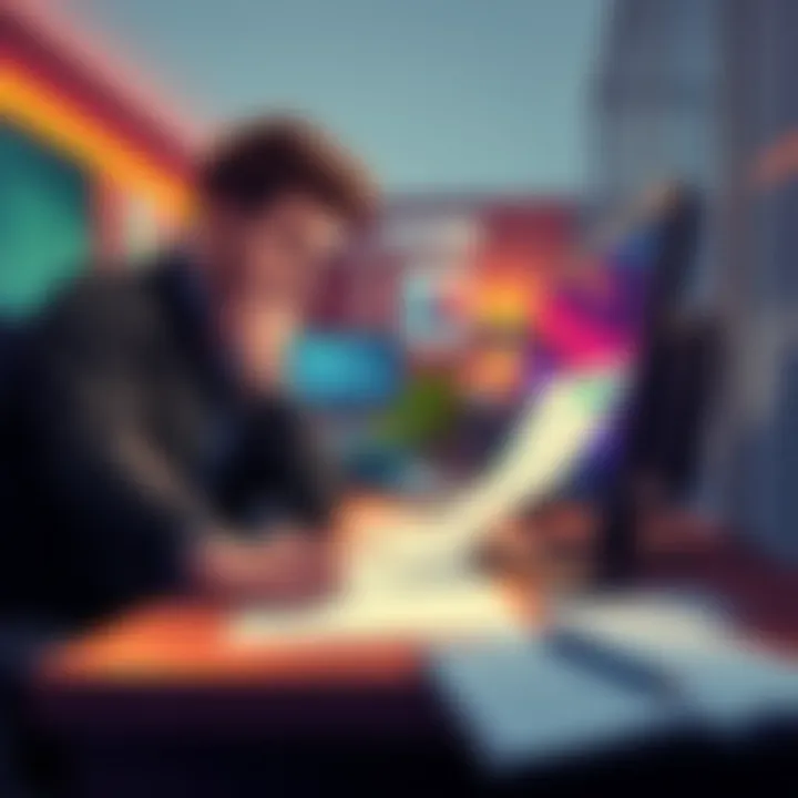 A worried person looking at their bank statement with a computer and paperwork on a desk