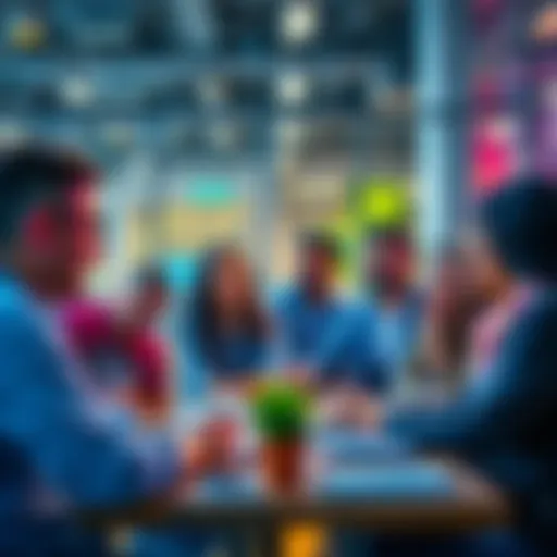 A diverse group of people collaborating in a modern workspace, sharing ideas about money-making ventures in e-commerce, freelancing, and crypto.