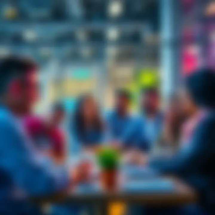 A diverse group of people collaborating in a modern workspace, sharing ideas about money-making ventures in e-commerce, freelancing, and crypto.