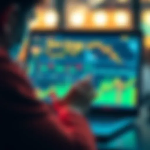 A person examining the new Doge Miner cryptocurrency mining tool with graphs and charts on a laptop screen in the background.