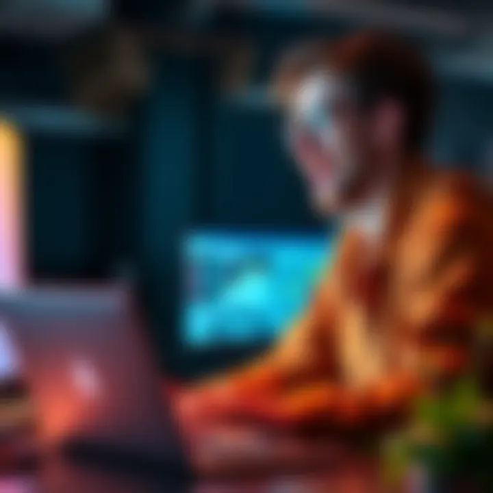 A computer science graduate looks excited while working on a laptop, exploring Ethereum development and seeking advice from experienced developers.