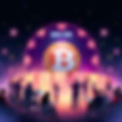 Illustration of a digital coin representing a new SHA-256 cryptocurrency, highlighting quantum-resistant features with community members engaging in brainstorming, ideas, and names.