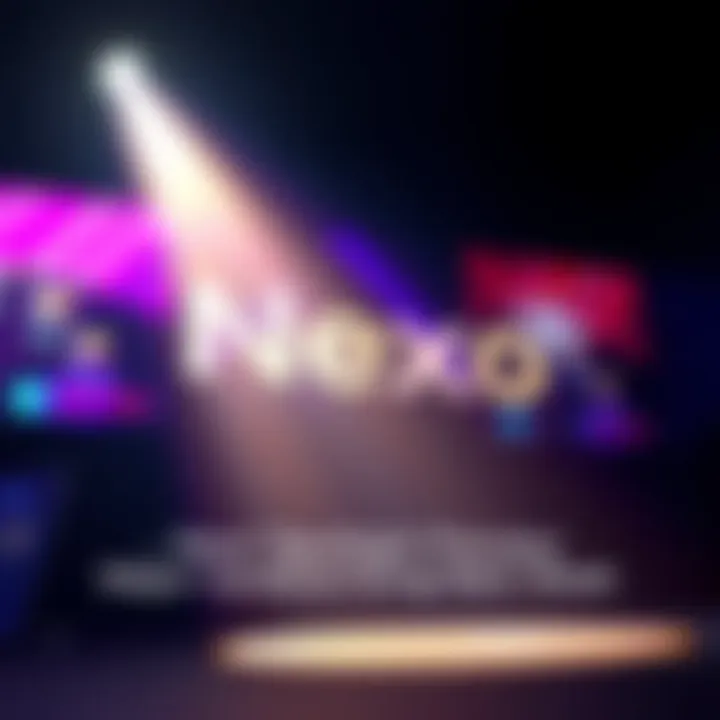 A bright spotlight shining on the Nexo logo with a background of soft colors indicating updates and features