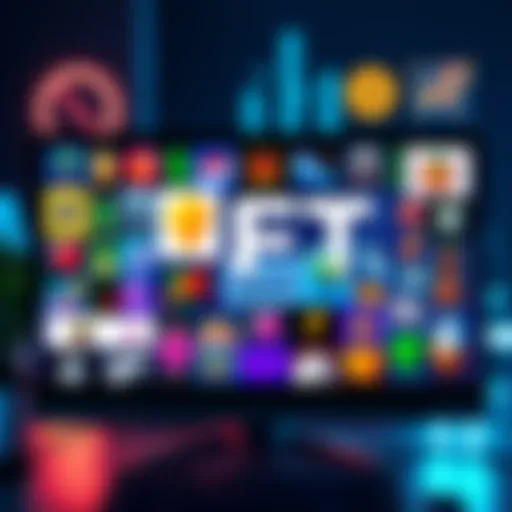 A collection of colorful digital collectibles displayed on a computer screen, showing various art styles and designs, representing NFTs in a modern setting.