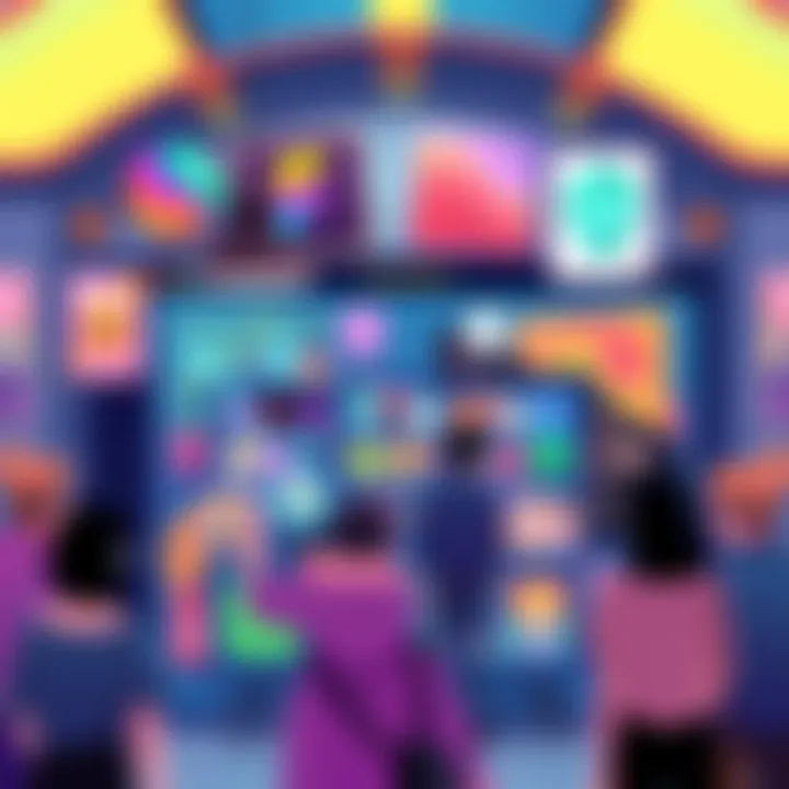 A digital illustration showing a private NFT marketplace interface with various colorful art pieces, including abstract and NSFW content, and a few avatars of collectors interacting.