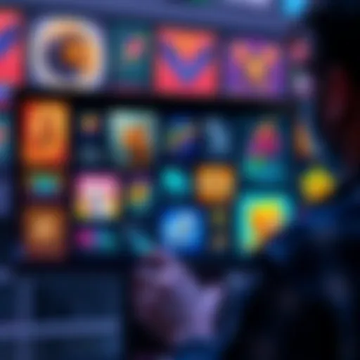 Various NFT artworks displayed on a digital screen with a person examining them
