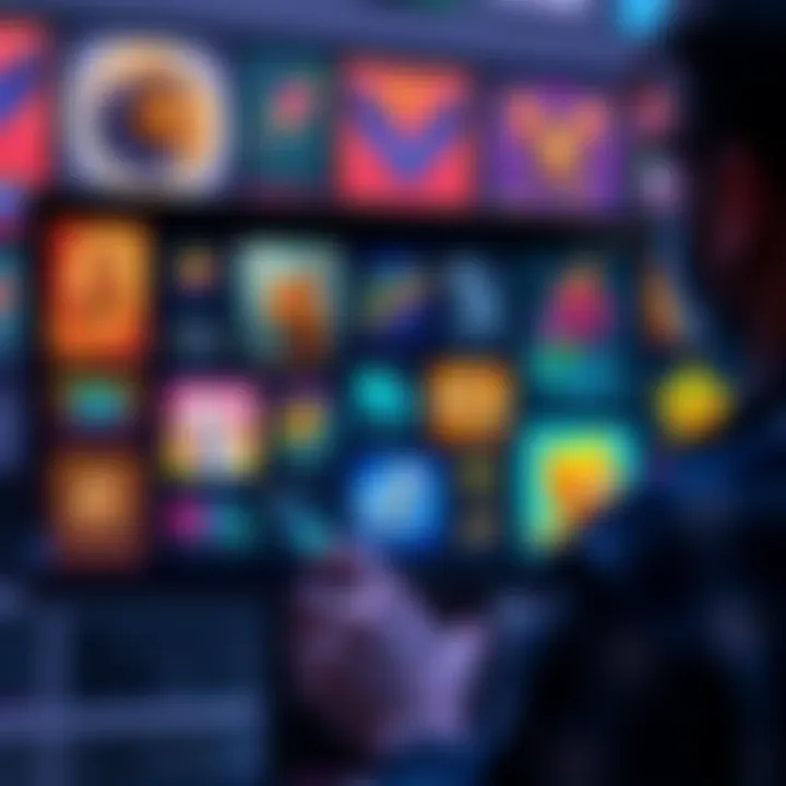 Various NFT artworks displayed on a digital screen with a person examining them