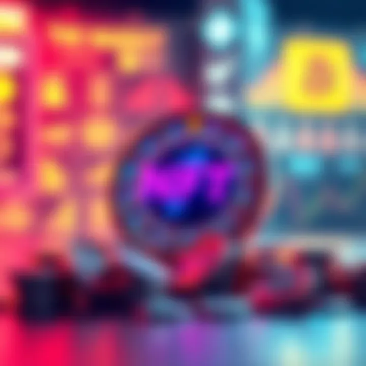 A visual representation of NFTs symbolizing the potential market revolution with digital art and coins surrounding a wheel, illustrating innovation.