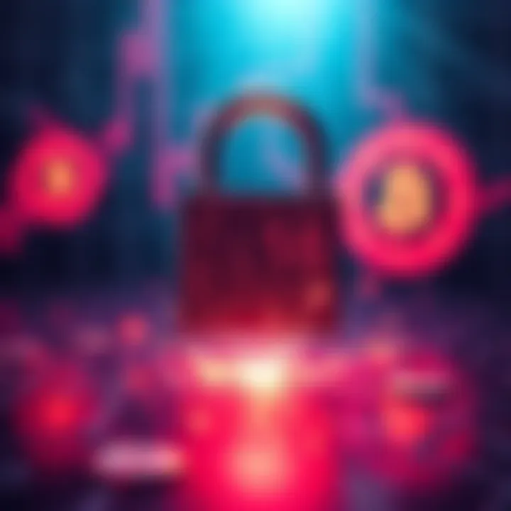 Graphic showing a digital lock breaking, symbolizing the hack at Nobitex exchange, with cryptocurrency symbols in the background