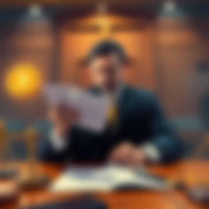 A courtroom scene depicting Noel Lovisa with legal documents indicating a loss in the trademark battle over Bitcoin Cash City, with a judge present and legal symbols around