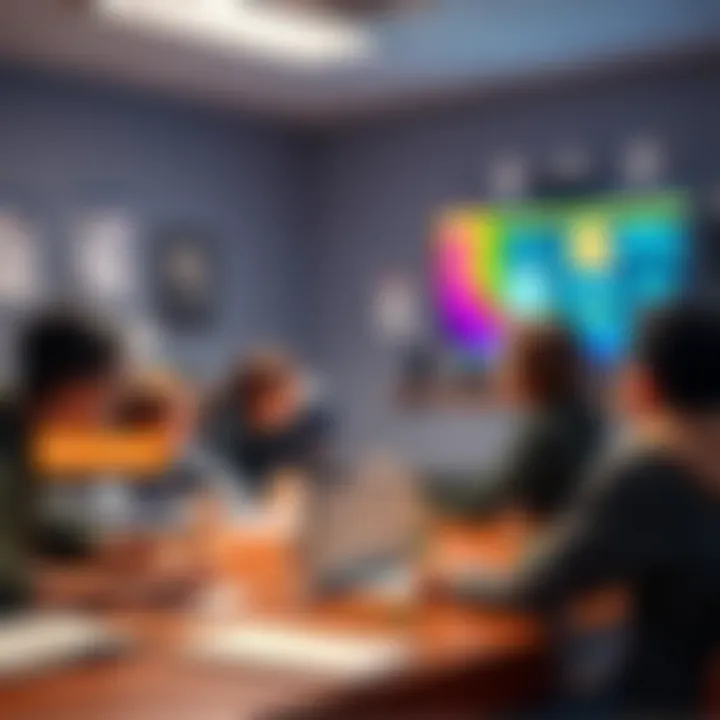 Students in a classroom learning about Bitcoin and cryptocurrency from a teacher using a digital board