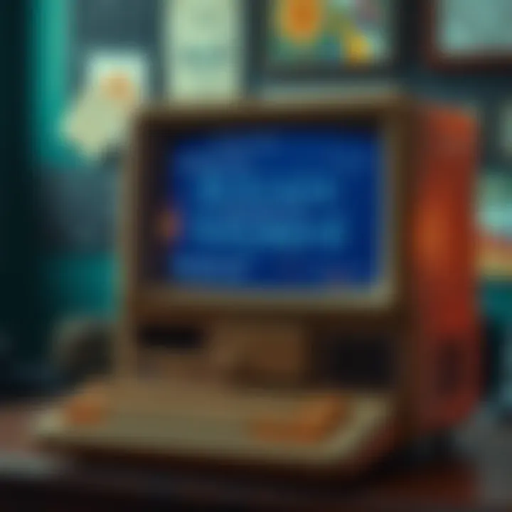 A vintage computer displaying recovered Bitcoin wallet keywords on the screen, showing an inviting environment for discussion on wallet recovery.