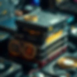 A collection of vintage hard drives stacked together, representing the search for lost bitcoin.