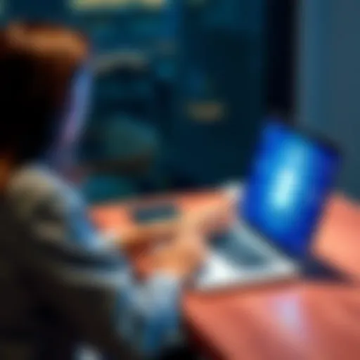 A person sitting at a desk using a laptop to check their online bank account, with a padlock symbol on the screen representing security measures.