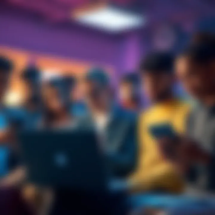 A diverse group of people engaged in a heated discussion about online moderation issues, with laptops and phones in hand, showing frustration and concern.