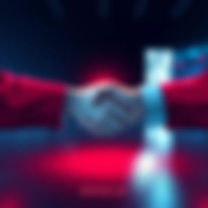 An illustration showing the logos of Oracle and TikTok connected by a handshake, symbolizing the acquisition deal and strategic partnership in the digital advertising space.