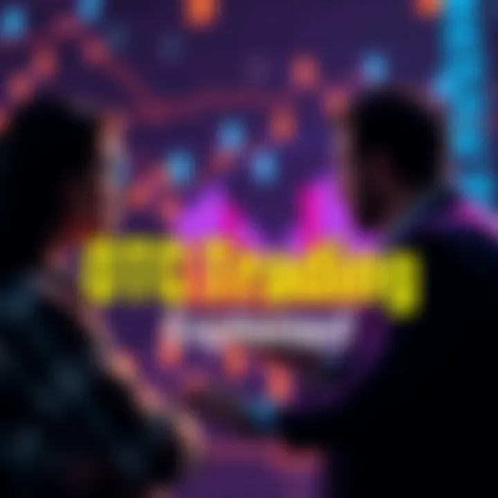 A visual representation of over-the-counter trading showing two people discussing cryptocurrency transactions quietly, with digital currency symbols in the background.