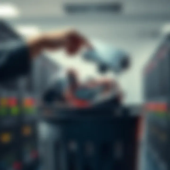A person discarding old networking equipment into a trash bin while holding a modern device in the other hand.