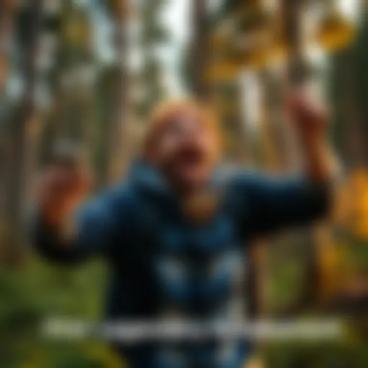 Person celebrating a gaming achievement outdoors, surrounded by trees and nature, looking excited and happy.