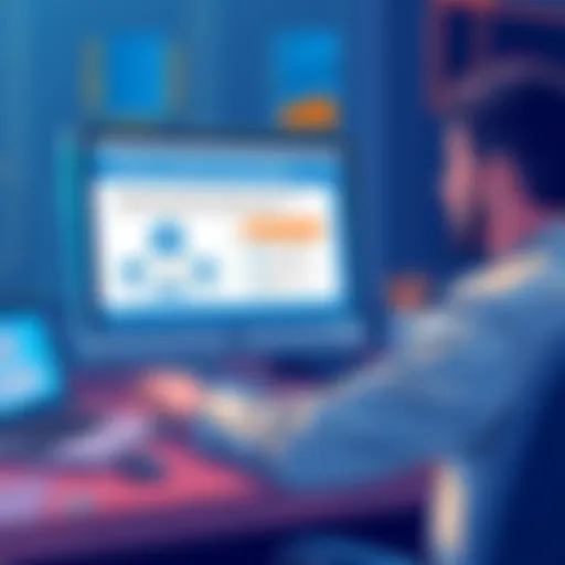 Illustration showing a computer screen displaying instructions for switching from P2Pool Mini to P2Pool Nano, with a tech-savvy person reviewing the steps on the screen.