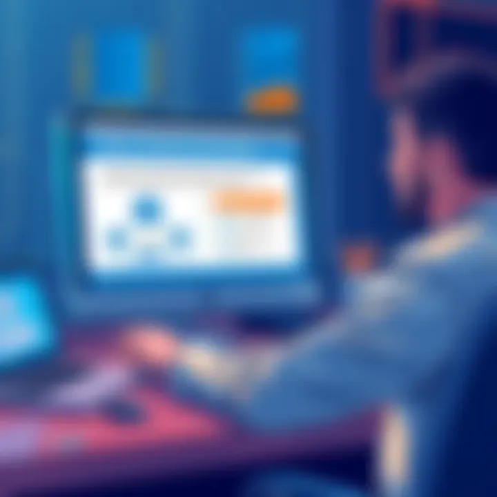 Illustration showing a computer screen displaying instructions for switching from P2Pool Mini to P2Pool Nano, with a tech-savvy person reviewing the steps on the screen.