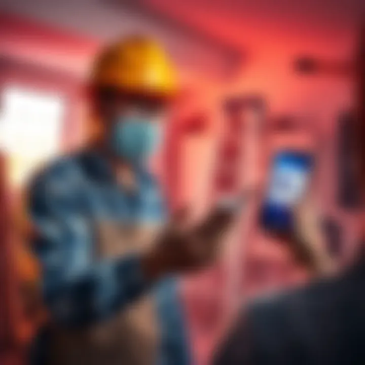 Local painter discussing project details while showing a Kaspa logo on a payment app