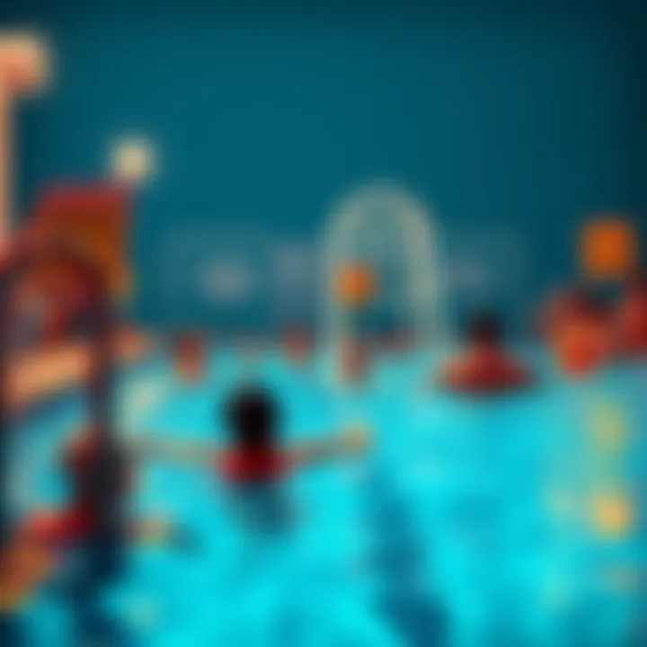 A group of people enjoying a pool while warning signs about health risks are visible nearby