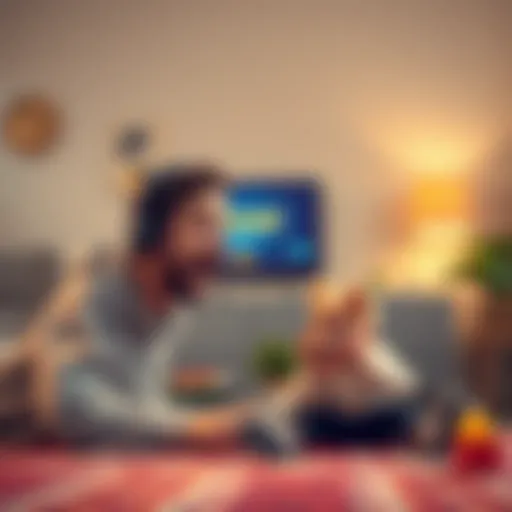 A parent with a surprised expression looking at a screen showing a DOGE cryptocurrency transaction, while a toddler plays beside them