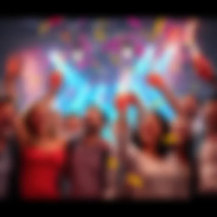 A group of happy participants celebrating the announcement of the first payout with confetti and smiles.