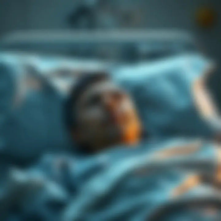 A worried patient lying in a hospital bed with medical equipment nearby, looking cautiously hopeful.