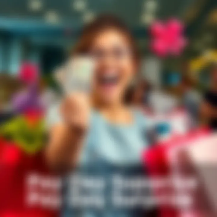 A person holding cash with a joyful expression, surrounded by shopping bags and items, showcasing excitement over a spontaneous purchase after payday.