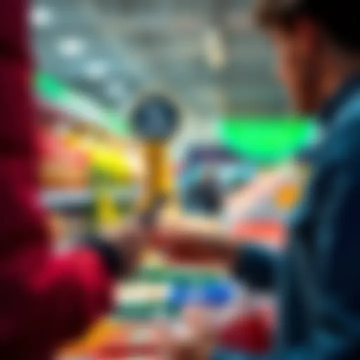 A person using a smartphone to make a payment at a grocery store checkout, showing convenience and modern budgeting methods.
