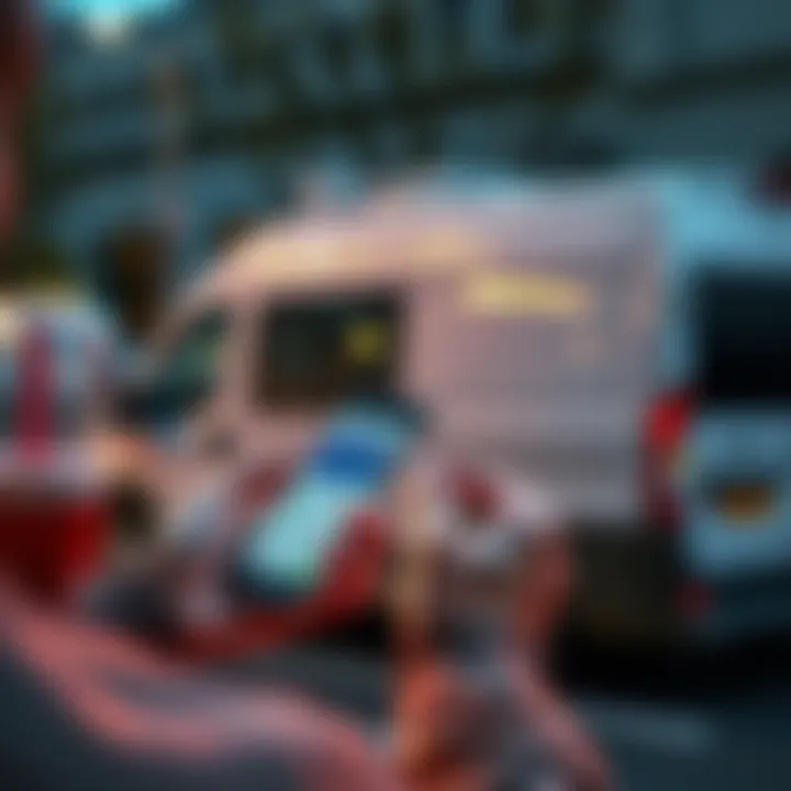 A person making a payment for a van using a mobile banking app on their phone, with a van in the background.