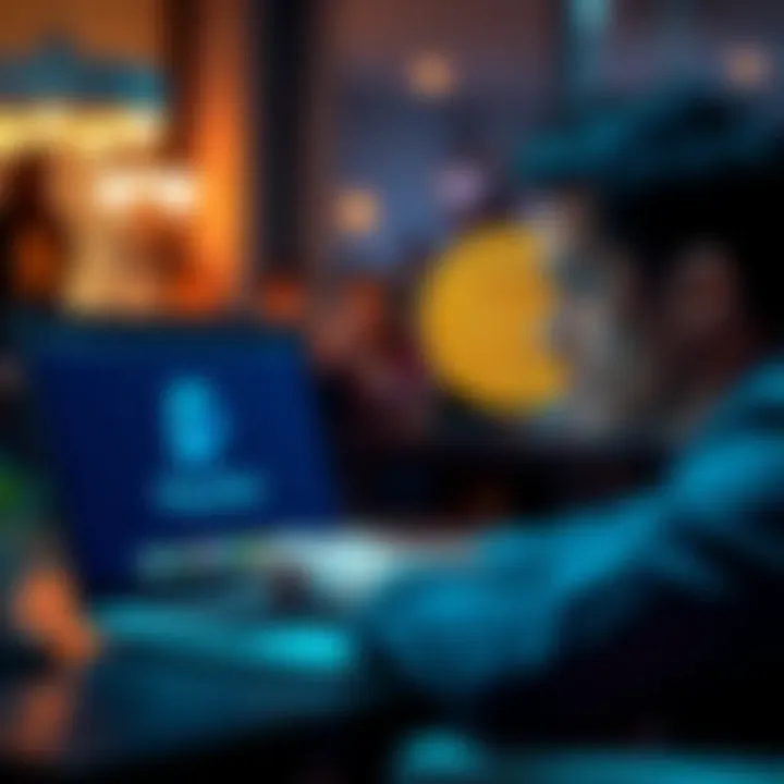 A person looking frustrated while using a laptop with a PayPal and Bitcoin logo on screen